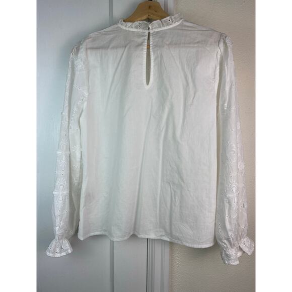 Cherry Paris Women's Size M White Floral Eyelet Ruffle Neck Cotton Blouse - Picture 3 of 8